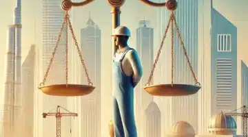 DALL·E 2024 09 10 06.56.13 A prominent image of the UAE labor law amendments for 2024 showing a balance scale symbolizing justice with a backdrop of skyscrapers representing t