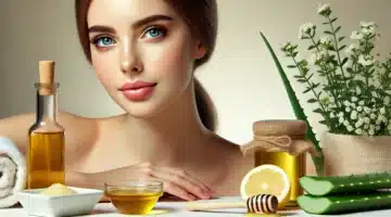 DALL·E 2024 11 04 15.59.47 A horizontal image 1200x700 showing a beautiful young woman with clear glowing skin surrounded by natural skincare ingredients. She has a serene e