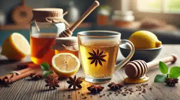 DALL·E 2024 11 05 07.02.02 A horizontal image 1200x700 depicting a natural home remedy setup with anise seeds symbolizing the plant a glass of warm herbal tea honey and l