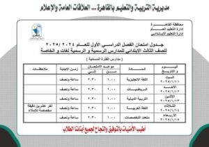 جدول امتحانات الصفوف الابتدائية للفترة الصباحية والمسائية 2025 منتصف العام