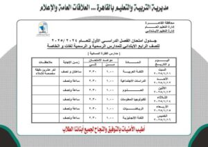 جدول امتحانات الصفوف الابتدائية للفترة الصباحية والمسائية 2025 منتصف العام